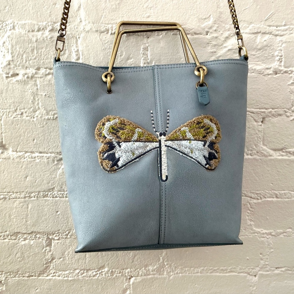 Elle Jae Gypset Handbag Light Blue Vegan Leather Embroidered Shoulder Bag Boho